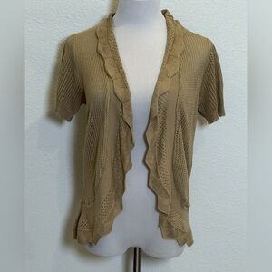 Y2K Sweet Kizz Crochet Ruffle Trim Open Front Cardigan Plus Size 1X Vintage Tan